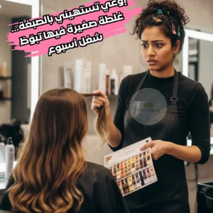 متخصصة شعر تراجع خصلة شعر عميلة قبل اختيار درجة الصبغة لتجنب الأخطاء الشائعة في الصالون.